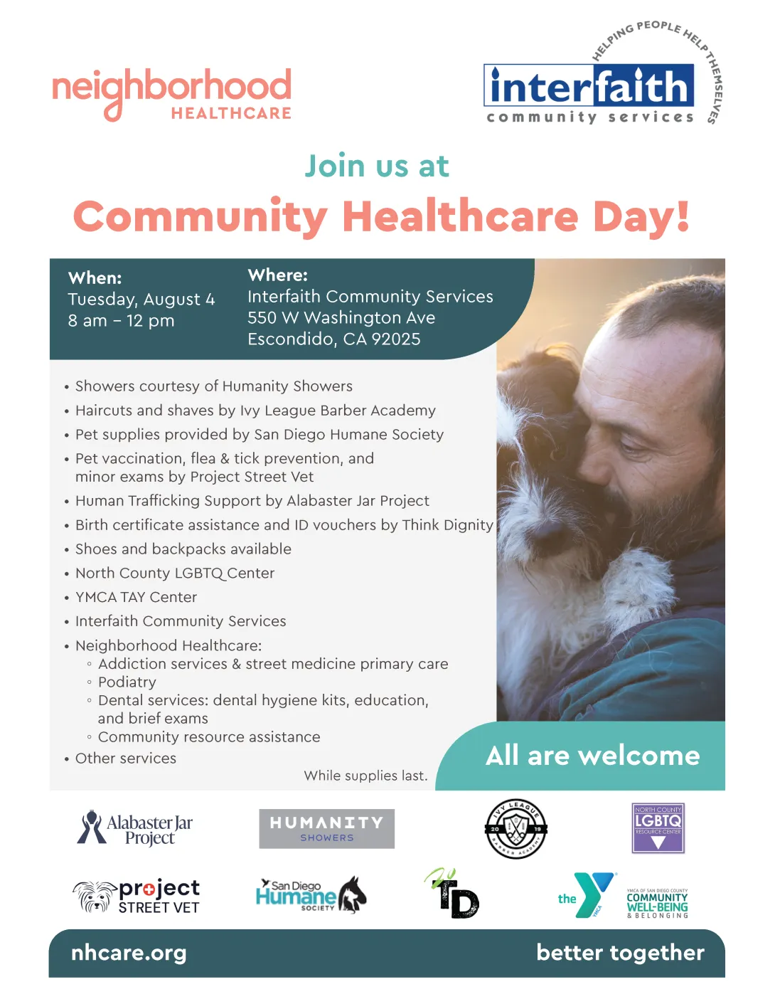 Flyer for Community Healthcare Day, Tuesday, August 4th, 8 a.m. to 12 p.m. at Interfaith Community Services, 550 W Washington Ave, Escondido. Photo shows volunteers helping sort donated clothing outdoors. Hosted by Neighborhood Healthcare and Interfaith. All are welcome.